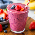 Healthy berry smoothie made with strawberries, blueberries, and banana Mixed berry smoothie recipe in a glass with fresh fruit Creamy berry smoothie for a healthy breakfast Easy berry smoothie recipe with fresh berries and yogurt Homemade berry banana smoothie with Greek yogurt Refreshing mixed berry breakfast smoothie Healthy fruit smoothie with blueberries, raspberries, and strawberries Berry smoothie topped with fresh berries in a clear glass