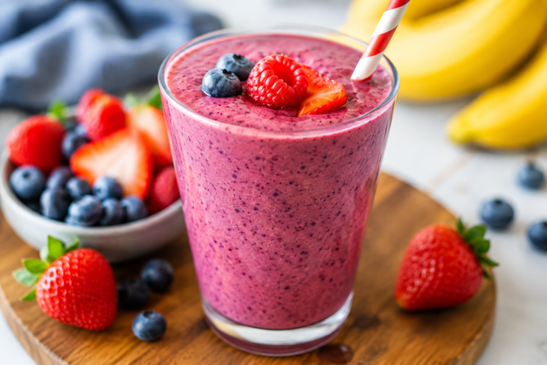 Healthy berry smoothie made with strawberries, blueberries, and banana Mixed berry smoothie recipe in a glass with fresh fruit Creamy berry smoothie for a healthy breakfast Easy berry smoothie recipe with fresh berries and yogurt Homemade berry banana smoothie with Greek yogurt Refreshing mixed berry breakfast smoothie Healthy fruit smoothie with blueberries, raspberries, and strawberries Berry smoothie topped with fresh berries in a clear glass